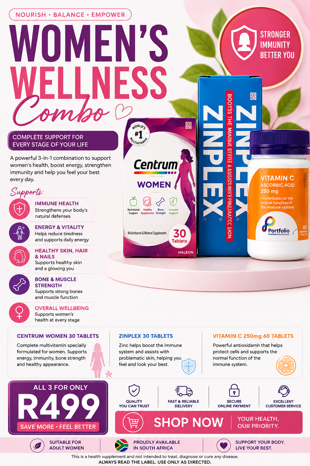 Women's Wellness Combo – Centrum Women, Zinplex and Vitamin C