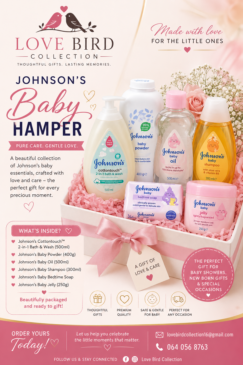 Johnson's Baby Hamper - a beautiful collection of Johnson's baby essentials including bath wash, powder, oil, shampoo, soap and jelly